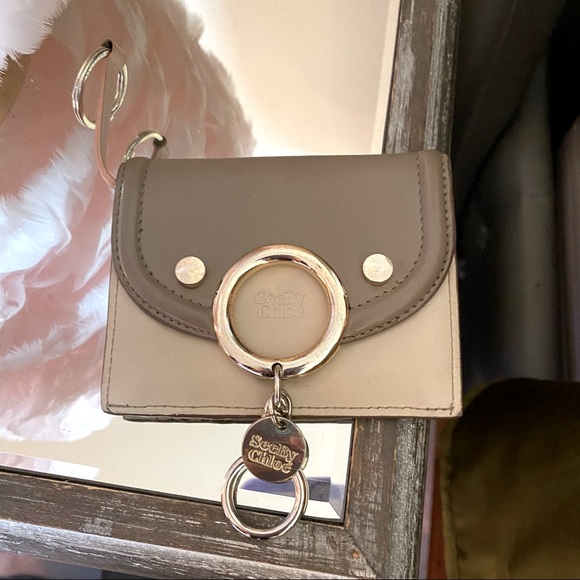 See By Chloe Handbags - See by Chloe Cream, Grey and Pink Leather Card Case Wallet w O-Ring and Charms